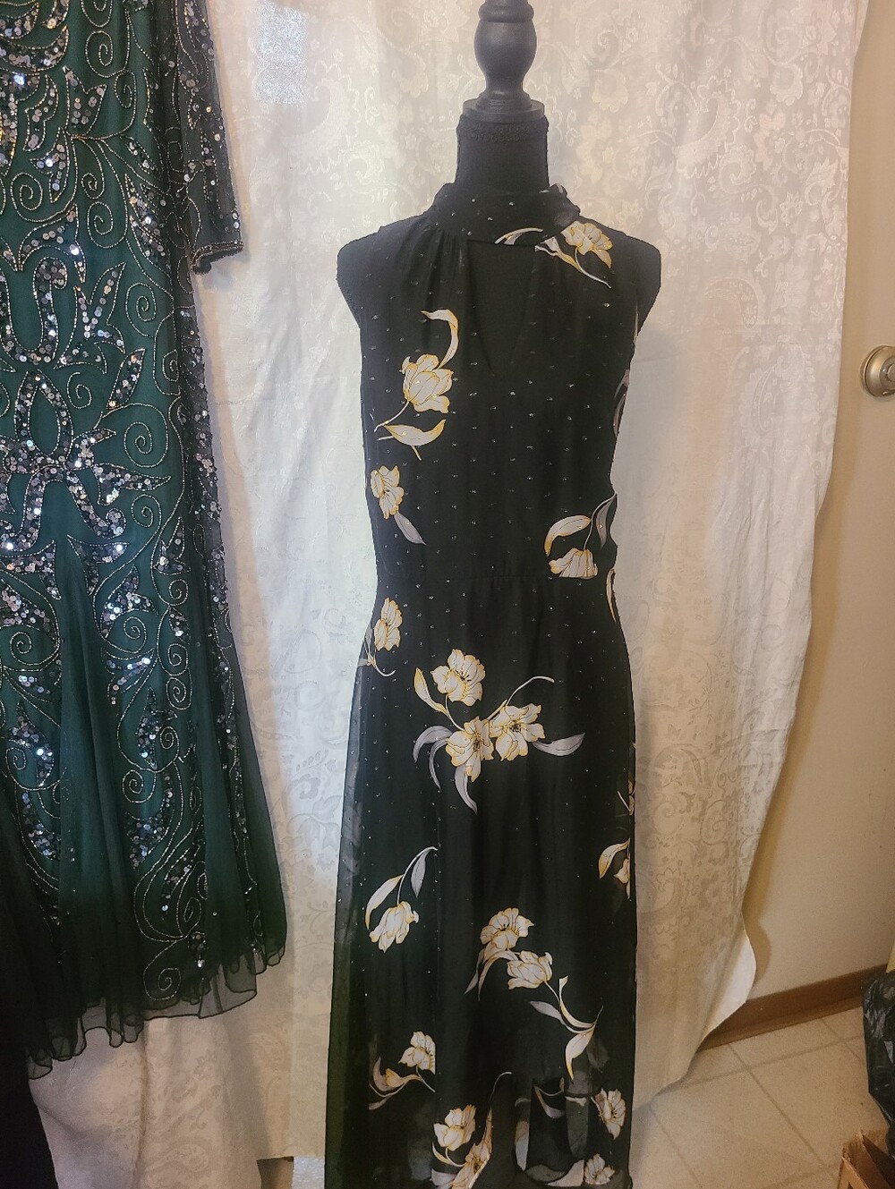 White House Black Market Black Maxi Dress with Cream Floral Print